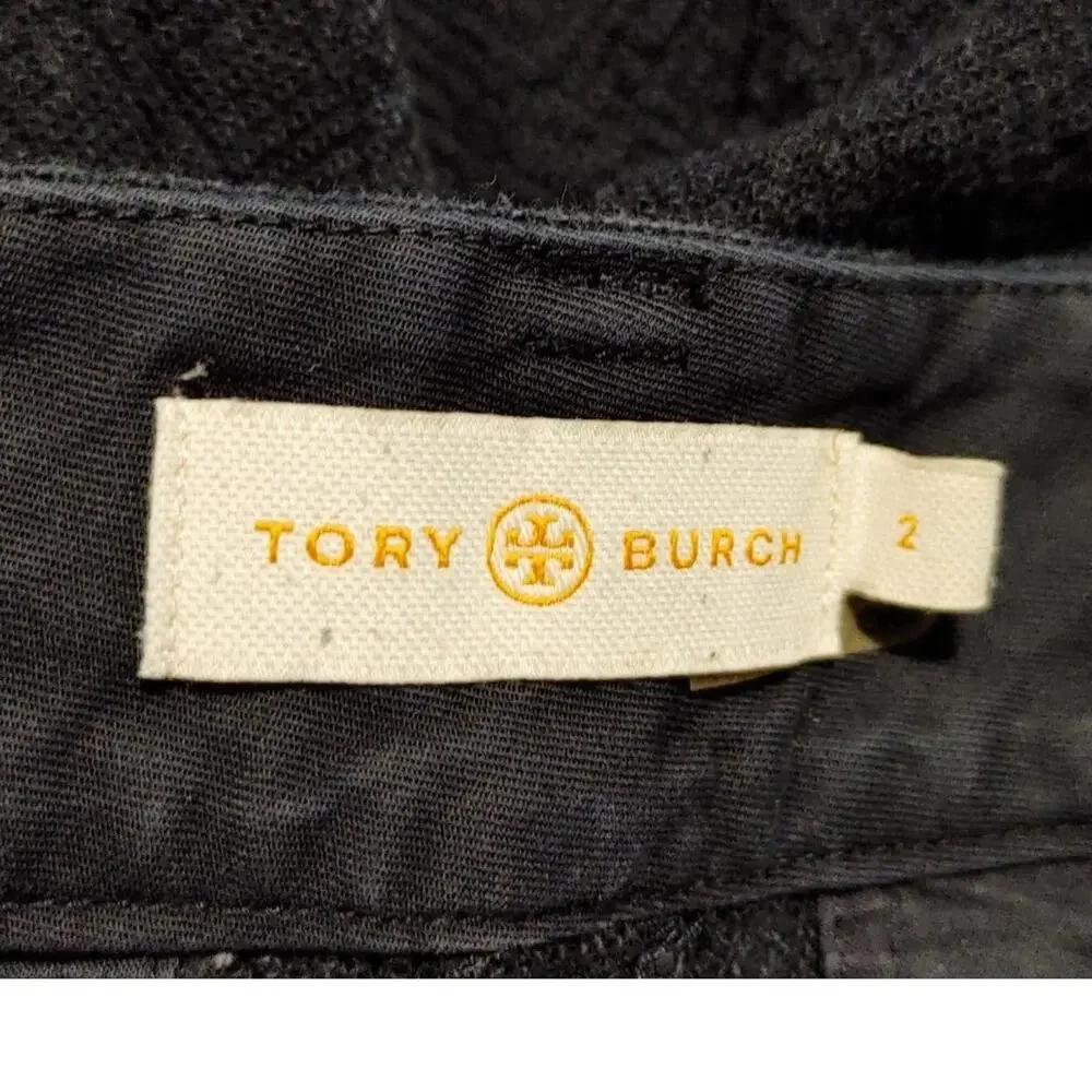 Tory Burch Crosshatch Cropped Cotton Pants Mid Rise Flared Navy Womens Size 2
